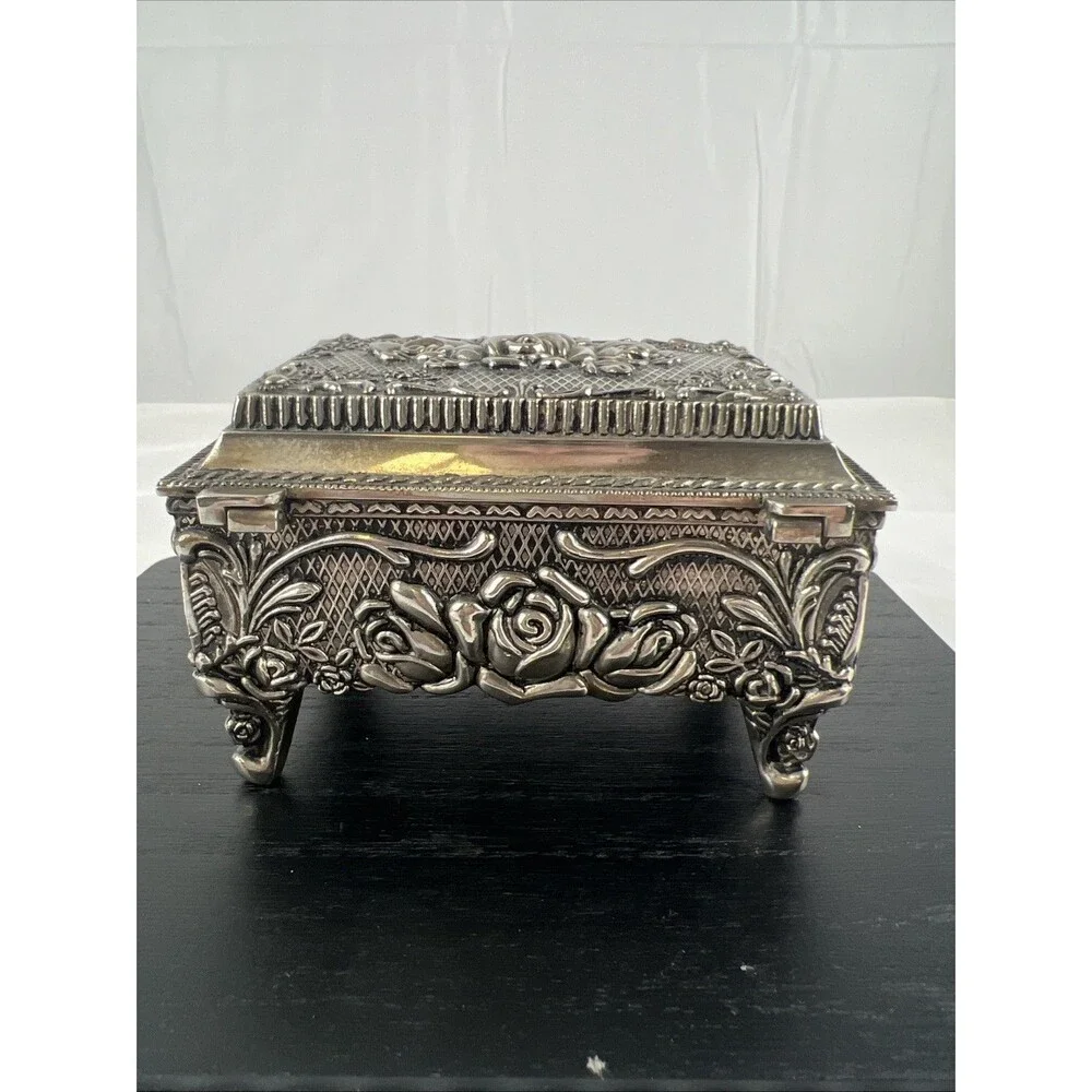 Silver Plated Pewter Rose Jewelry Box Trinket Box Velvet Lined Footed Vintage